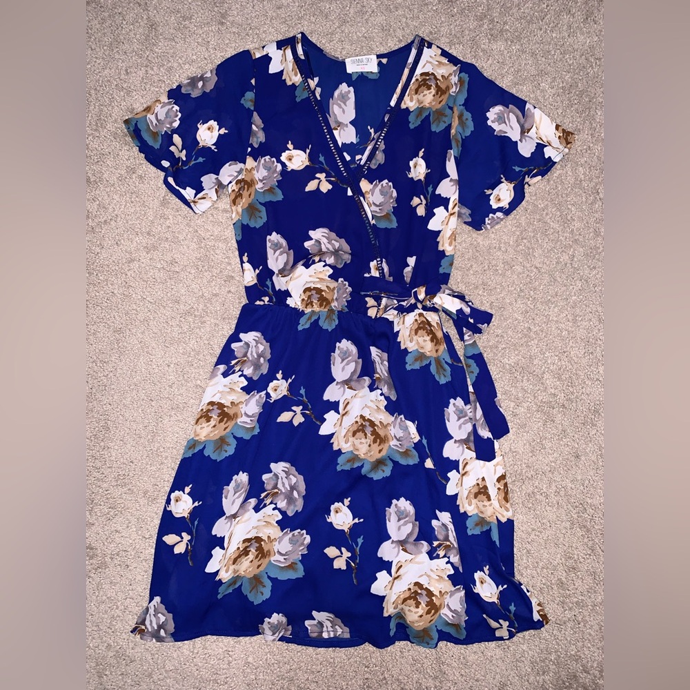 Sienna Sky Royal Blue Floral Tie-Waist Midi Dress